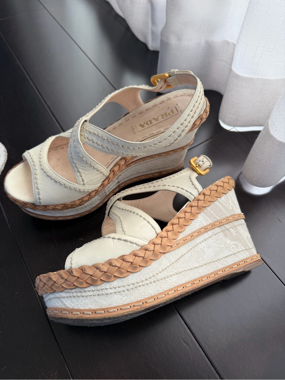 Prada Cream Leather Crisscross Wedge Sandals - Picture 2 of 4